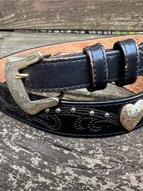 90s vintage Tony Llama Black Leather Western Belt with Studs & Heart Concho 28in